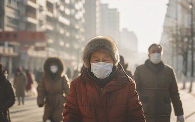 people wearing mask in the city with air pollution - obrazy, fototapety, plakaty