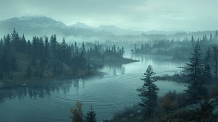 misty forest landscape. Nature background - obrazy, fototapety, plakaty