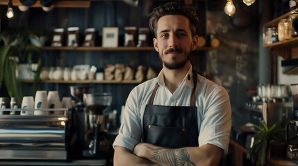 Portrait of a handsome barista in apron standing at a modern coffee shop