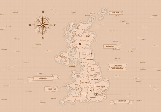 Vintage UK United Kingdom of Great Britain Map Vector Illustration