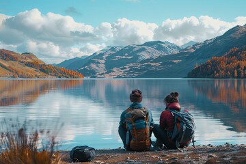 Travelers couple look at the mountain lake People with backpack travel Two travelers are sitting on the shore of a lake