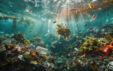 plastic waste underwater with sea life