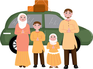happy fun love asian moslem family trip with dress cap and hijab in car to hometown