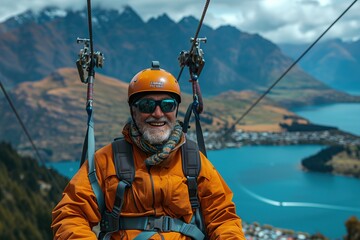 Man Zip Lining With Helmet and Goggles