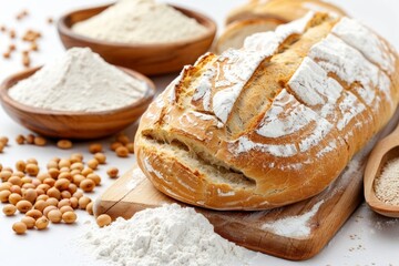 Naklejka premium Bread with soy flour on kitchen bench with soy beans and white isolated background. Front view.