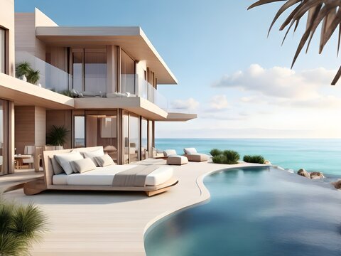 luxury modern beach house and hotel sea view Swimming Pool - 3d renderin