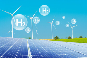 H2 icon.Green hydrogen production with solar panels and wind turbines. sustainable and renewable...