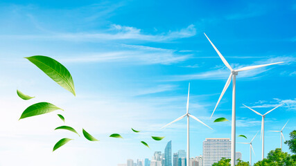 Leaf blowing in the air. Green technology. the future concept of sustainable energy. wind turbine,...