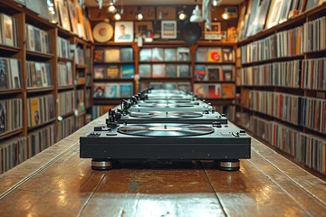 Retro Record Store, Rows of Vinyl Records and Turntables