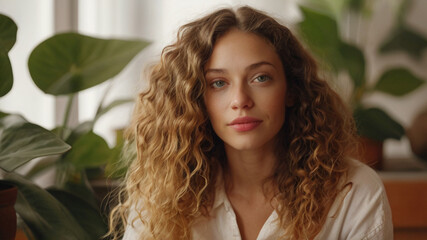 Fototapeta premium Portrait of beautiful artist woman with long curly hair relaxing in her apartment full of houseplants.