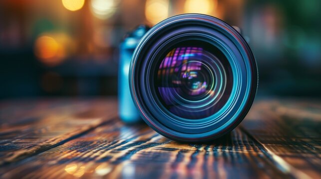 Camera lens on a wooden table in a cafe. Shallow depth of field