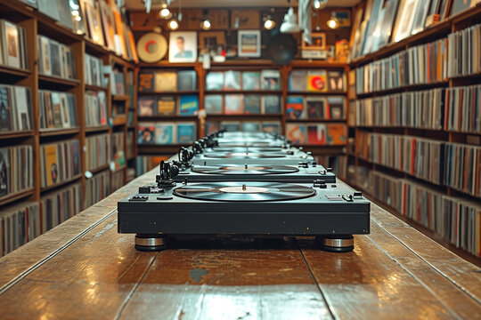 Retro Record Store, Rows of Vinyl Records and Turntables