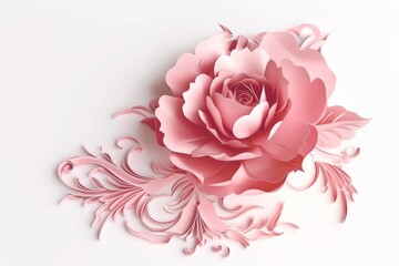 Papercut style of pink rose with ornament on white background