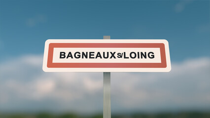 City sign of Bagneaux-sur-Loing. Entrance of the town of Bagneaux sur Loing in, Seine-et-Marne, France