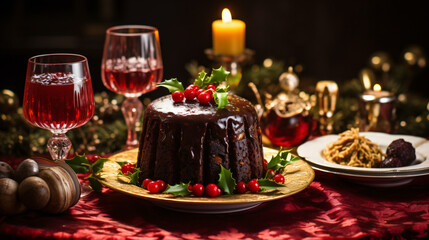 Festive table adorned with classic plum pudding