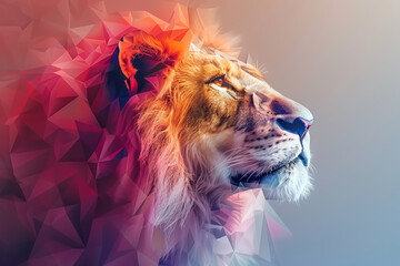 A lion with a red and orange mane is the main focus of the image. The lion's face is the most prominent feature, and it is looking at the camera. The image has a bold and vibrant feel