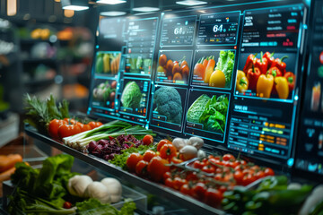 A display of fresh produce in a grocery store, including tomatoes, broccoli, and peppers. The display is illuminated and he is part of a digital or interactive system - obrazy, fototapety, plakaty