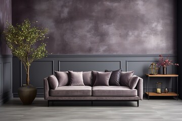 stylist and royal modern interior living room luxury sofa and plant with grey wall, space for text,