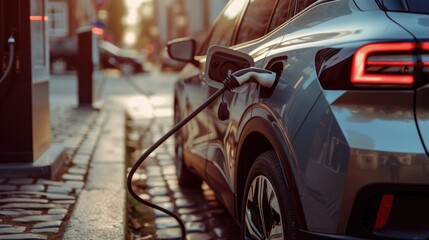 An electric vehicle is being charged at a station, while its wheels, tires, and alloy wheels rest peacefully under the hood. AIG41