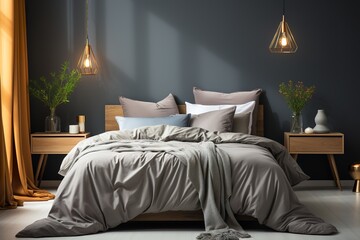 stylist and royal Modern light gray bedroom interior, space for text, photographic