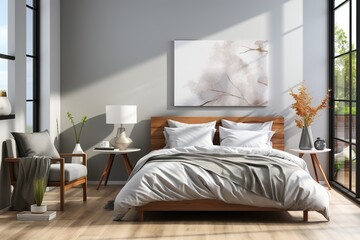 Fototapeta na wymiar stylist and royal Modern light gray bedroom interior, space for text, photographic