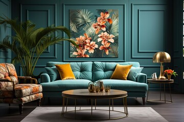 stylist and royal Modern living room design and wallpaper decoration for tropical plant leaves and sofas