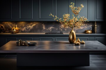 stylist and royal Modern luxury kitchen black golden tone with wooden tabletop space for display or montage