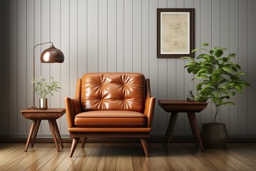 stylist and royal Modern mid century and minimalist interior of living room ,leather armchair with table