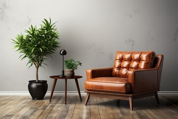 stylist and royal Modern mid century and minimalist interior of living room ,leather armchair with table - obrazy, fototapety, plakaty