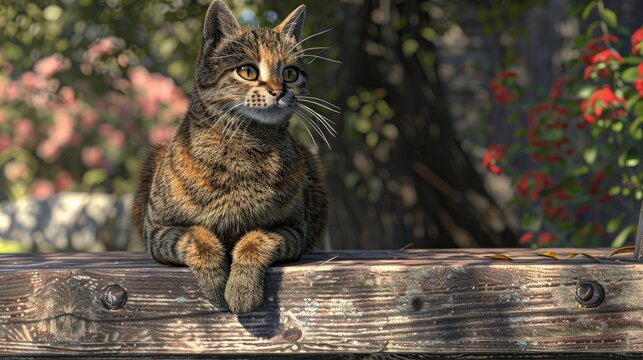 Accordion Tabby Cat Sitting On Bench, Banner Image For Website, Background, Desktop Wallpaper