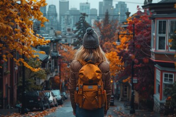 Person Walking With Backpack in Urban Setting
