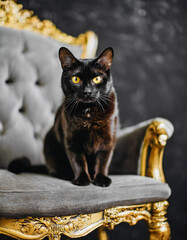 高級な椅子に座るボンベイ黒猫