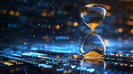 A 3D hourglass icon with digital code cascading instead of sand, visualizing the passage of time in technology