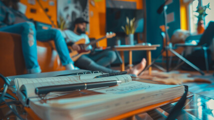 A brainstorming session fueled by vibrant music, close-up of feet tapping rhythmically in the background