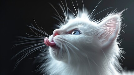 Adorable White Cat Licks Muzzle Tongue, Banner Image For Website, Background, Desktop Wallpaper