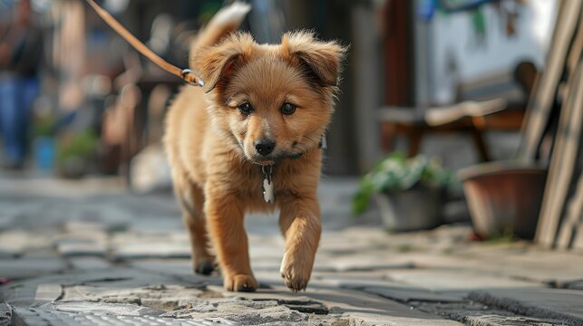 Adorable Young Dog Walks On Leash, Banner Image For Website, Background, Desktop Wallpaper