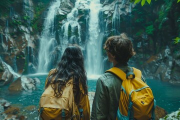 A couple standing before a majestic waterfall surrounded by a rocky landscape.