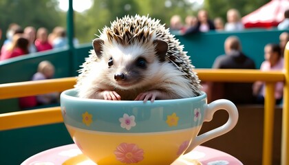 A Hedgehog Sitting On A Teacup Ride Upscaled 4 1