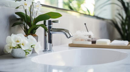 Modern faucet with orchid decor in bathroom. Chrome bathroom faucet in a serene setting with white...