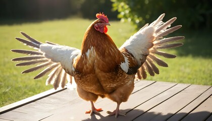 A Hen With Her Wings Spread Out In A Sunbath Upscaled 3 - obrazy, fototapety, plakaty