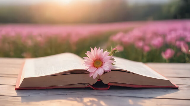 Flowers on an open book.  Stack of old books on outdoor wood table with landscape view. Lifestyle concept. Old hardcover books. Educational concept.  AI generated image, ai