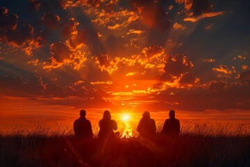 People enjoy a fiery sunset in a field, a warm and peaceful end to the day.