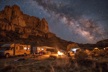 Campers enjoy a starry night by a campfire in a desert with RVs and tents, a scene of outdoor bonding.