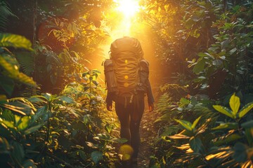 A hiker with a backpack faces the sunrise in a tropical forest, highlighting an adventurous spirit.