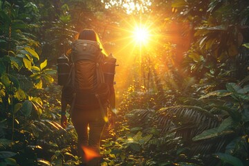 A hiker with a backpack faces the sunrise in a tropical forest, highlighting an adventurous spirit.