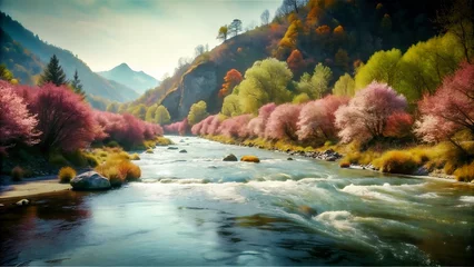 Türaufkleber Waldfluss Spring River Landscape Captured with Nikon D850: Pristine Film Stock Photography