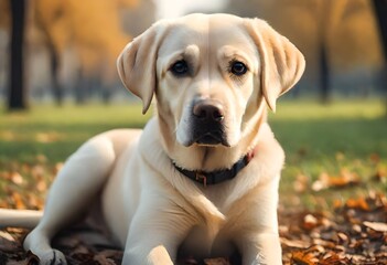 closeup of a labrador retriever puppy sitting in the park in the autumn season, funny pet animals