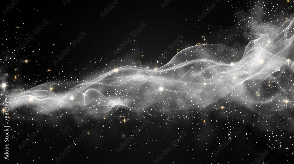 Poster White Sparkling Magic Dust Particles. Sparkling Magic Dust Particles on a transparent background. Modern sparkle pattern with white sparks and golden stars. Christmas abstract pattern. Sparkling
