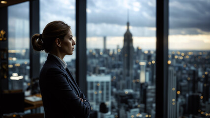 Fototapeta premium A pensive businesswoman looks out over an urban skyline from a high-rise building, as the evening light fades over the city - Generative AI