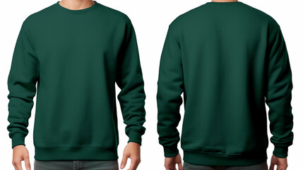 A man is wearing a dark green sweatshirt, and t-shirt with full sleeves, both on the front and back sides. mockup